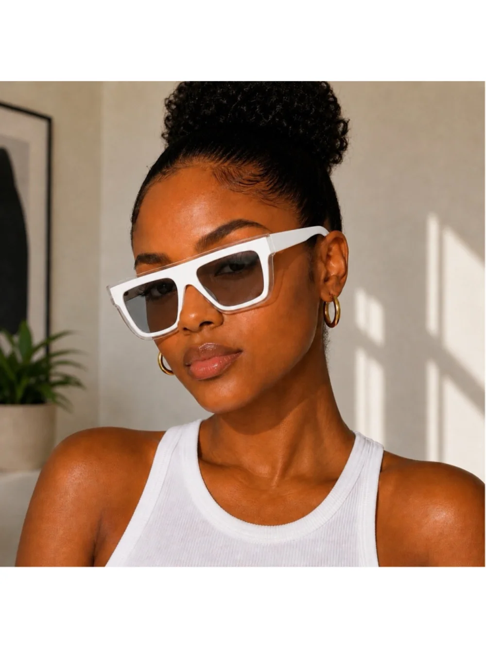 Retro White Shield Sunglasses Oversized Square Clear Frame Fashion Shades